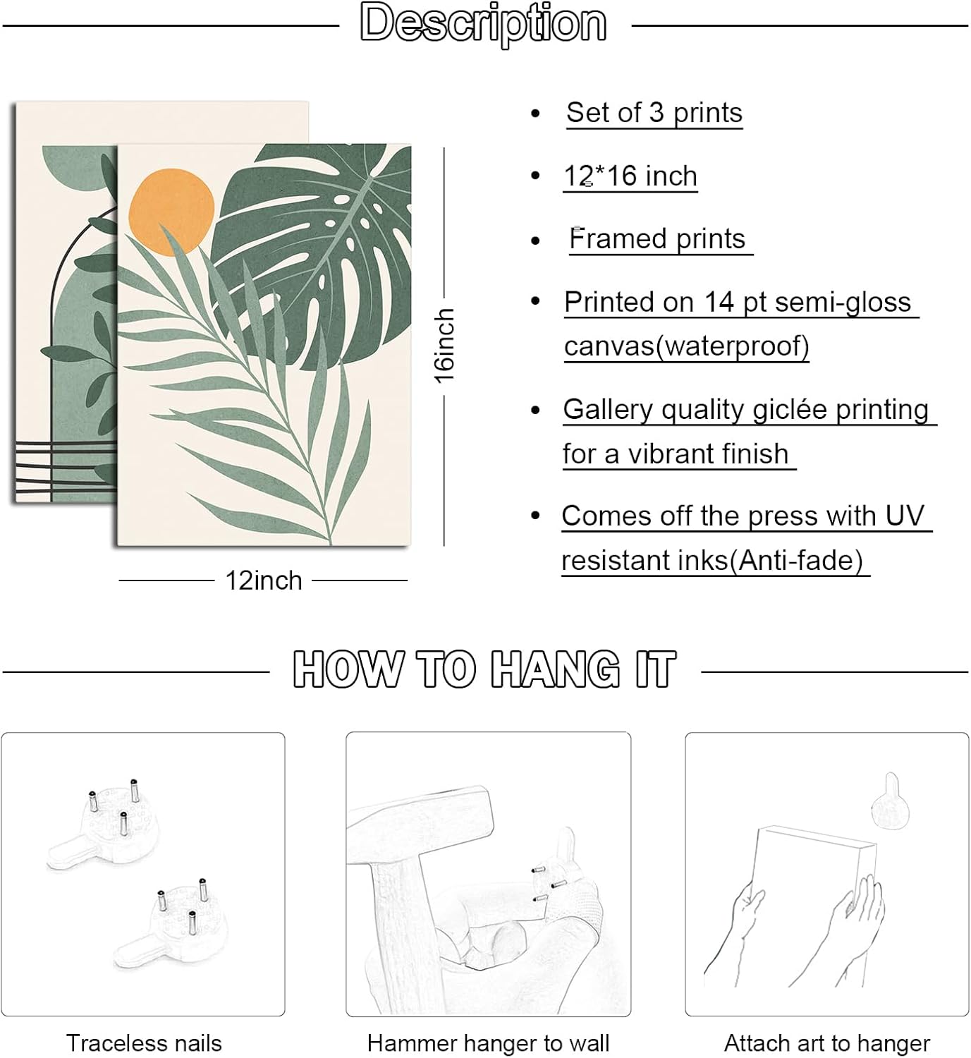 Boho Wall Art Set of 3 Mid Century Modern Wall Decor Abstract Geometric Prints Black Green Plant Sun Natural Framed Canvas Prints Artwork Ready To Hang for Living Room Bathroom Bedroom 12x16inch