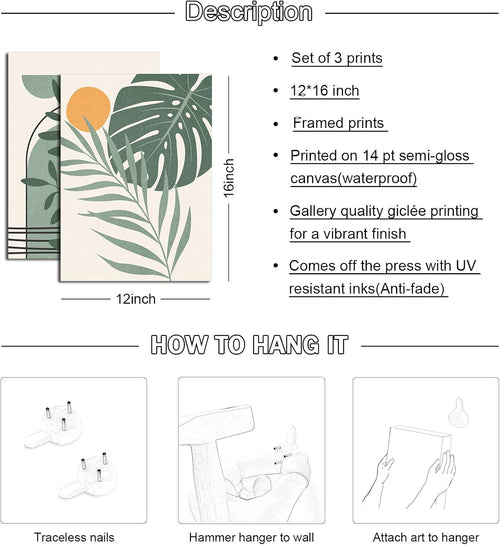 Boho Wall Art Set of 3 Mid Century Modern Wall Decor Abstract Geometric Prints Black Green Plant Sun Natural Framed Canvas Prints Artwork Ready To Hang for Living Room Bathroom Bedroom 12x16inch