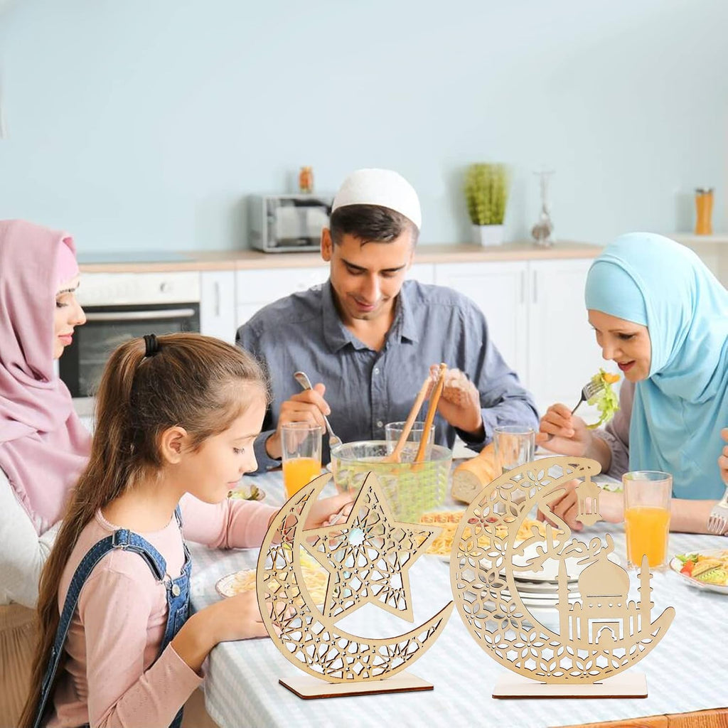 HOWAF 2 Sets Eid Mubarak Wooden Ornament Ramadan Kareem Hollow Decoration Moon Star Hanging Pendant Happy Eid Wood Tabletop Decor for Home Ramadan Mubarak Eid Decorations