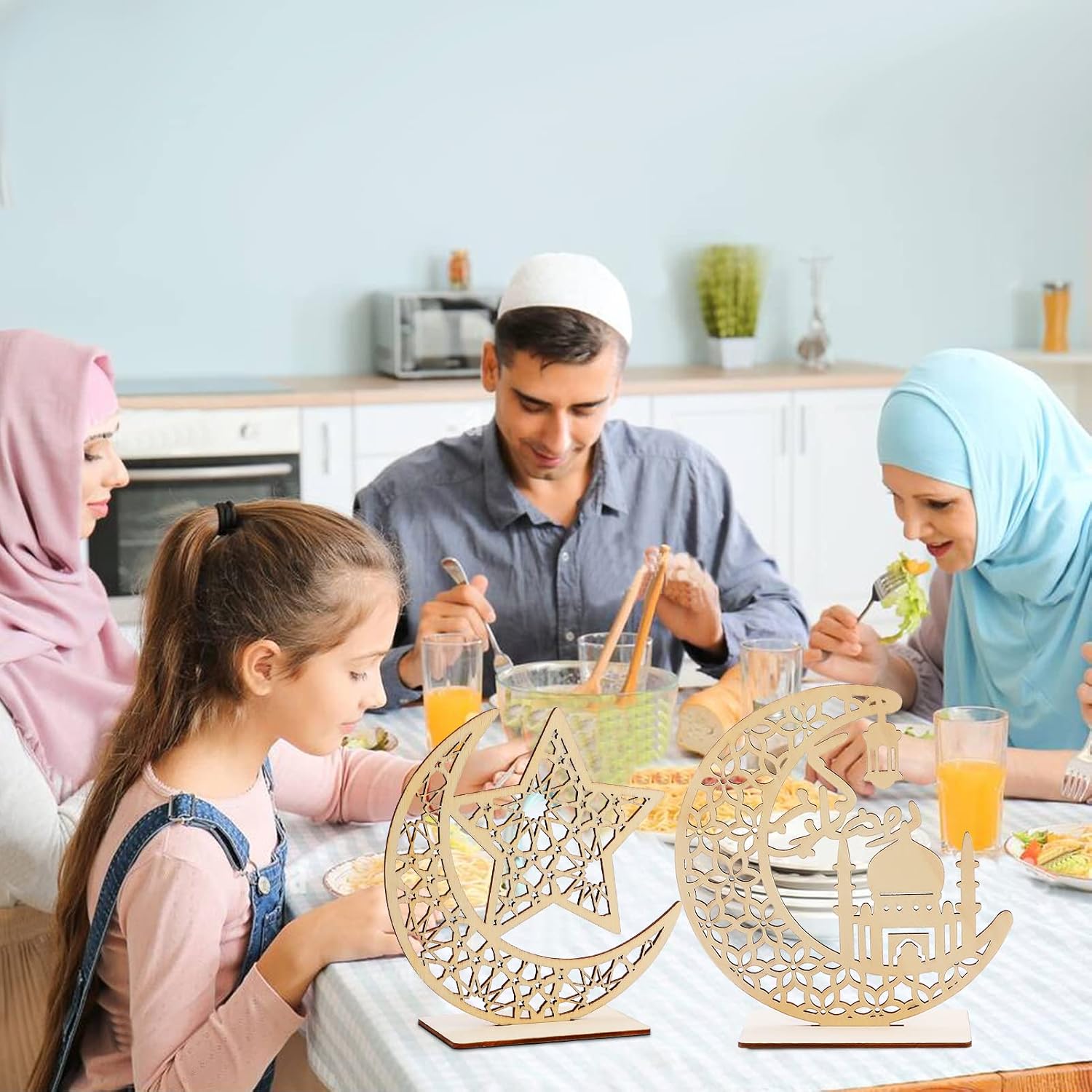 HOWAF 2 Sets Eid Mubarak Wooden Ornament Ramadan Kareem Hollow Decoration Moon Star Hanging Pendant Happy Eid Wood Tabletop Decor for Home Ramadan Mubarak Eid Decorations