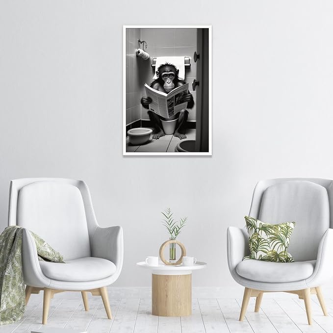 KOEUIRW Funny Gorilla Bathroom Canvas Wall Art Cute Monkey In Toilet Posters Black and White Animal Prints Painting Maximalist Mid Century Modern Aesthetic Wall Decor for 16x24in Unframed