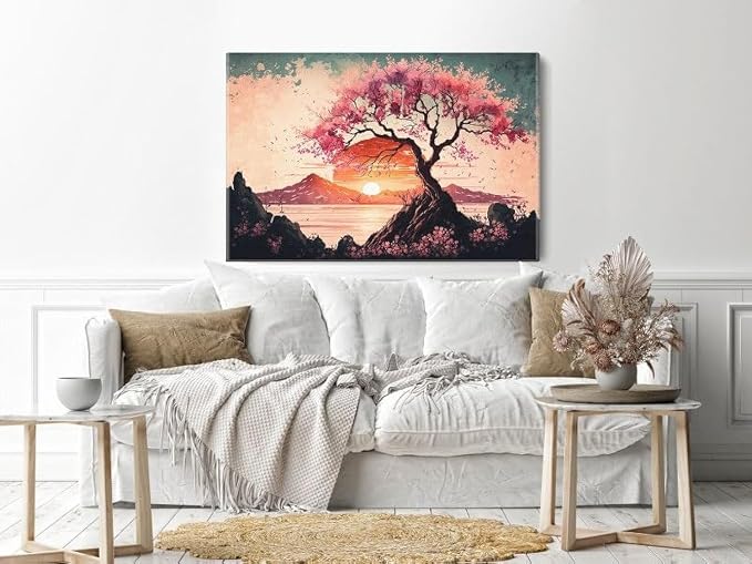 Artistic landscape with cherry blossoms at sunset, painted in vintage watercolor, 60 x 40 cm, beige