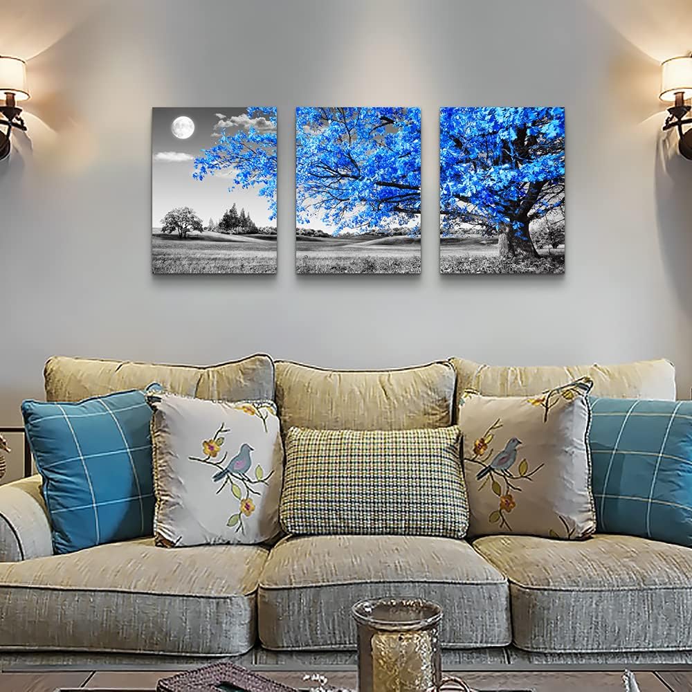 TTHWALLART لوحة فنية جدارية لغرفة المعيشة باللونين الأسود والأبيض، شجرة زرقاء، قمر، ديكور منزلي، لوحة فنية قماشية 12 بوصة × 16 بوصة، 3 قطع مطبوعة لغرفة النوم، صالون حديث، مطبخ، مكتب، لوحة للتعليق