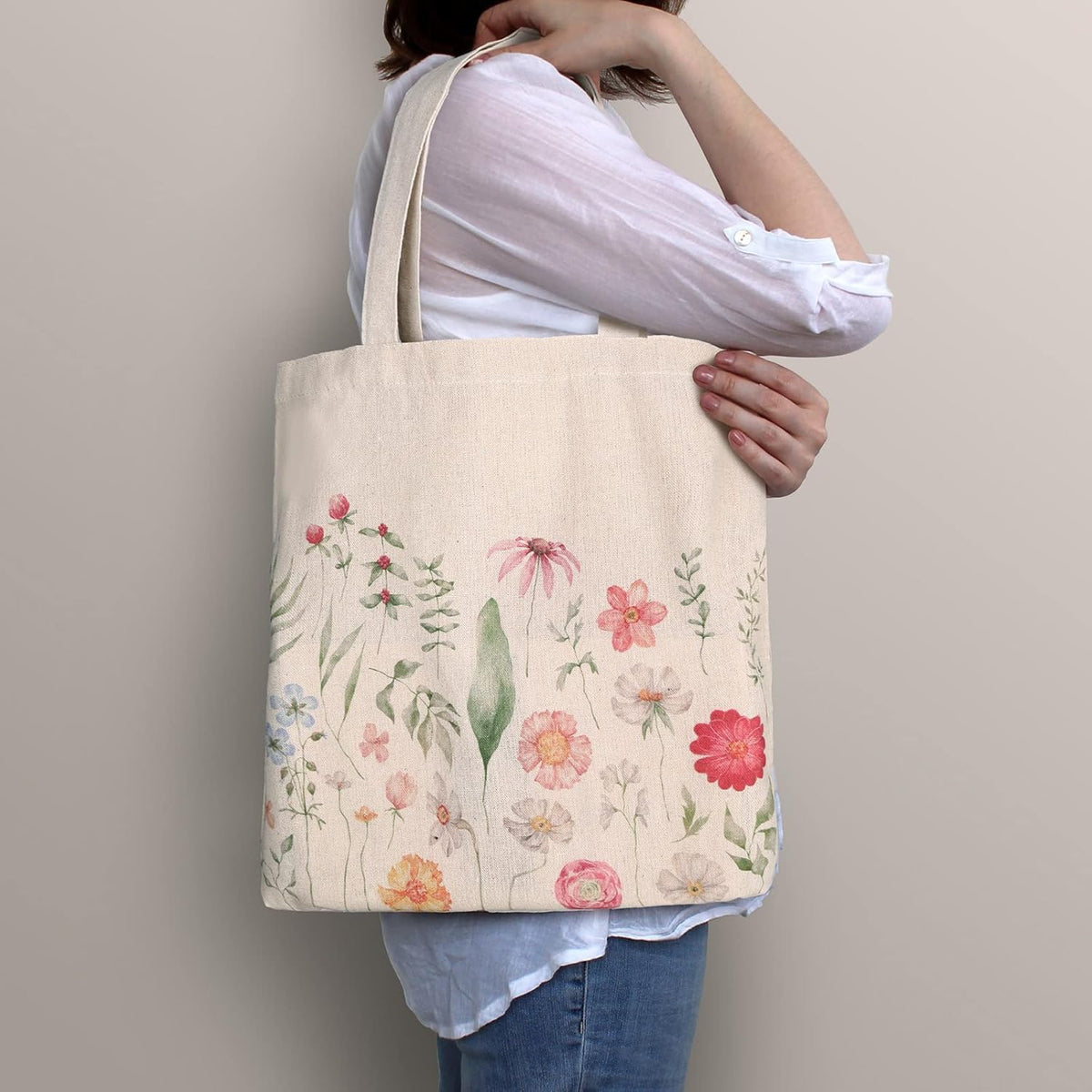 Saintrygo 4 Pieces Canvas Tote Bag Flowers Shopping Bag Beautiful Tote Bag Aesthetic Reusable Grocery Shopping Bag Makeup Bags for Girls Women, clear