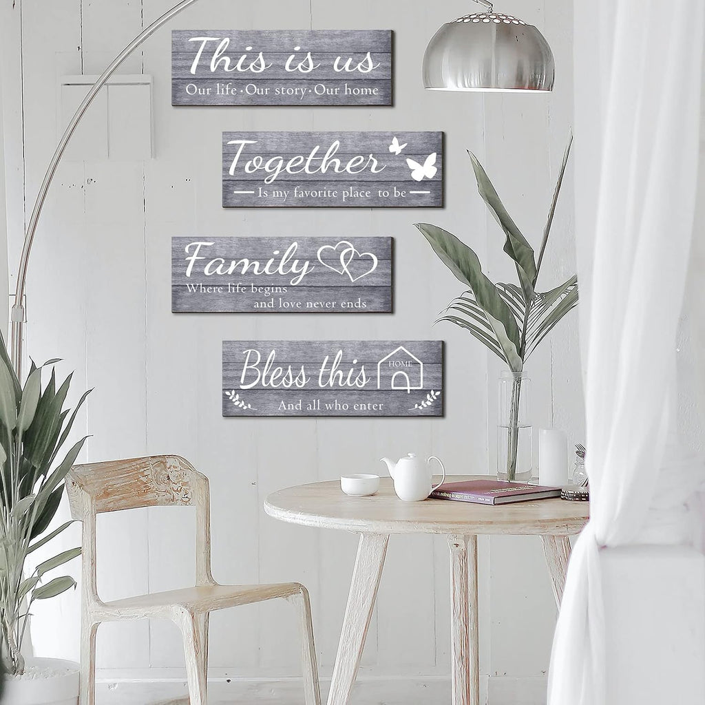 4 Pieces Home Wall Signs, THIS IS US/TOGETHER/BLESS THIS HOME/FAMILY Wall Decor For Living Room Bedroom, Rustic Wooden Farmhouse Wall Art, 4.7 x 13.8 Inch