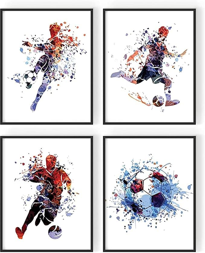 Soccer Watercolor Wall Art Prints - Particle Silhouette – Set of 4 (8x10) Poster Photos - Man Cave- Bedroom Decor Coated Photo Prints 8x10 in UNFRAMED