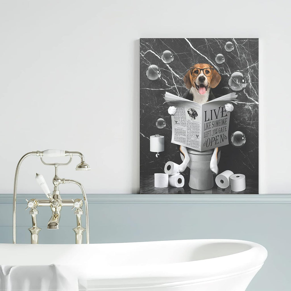 Kateflower Beagle Dog Sitting in Toilet Bathroom Decor Wall Art Funny Beagle Pictures Black and White Bathroom Wall Decor Farmhouse Dogs Painting for Toilet Bathroom Animals Artwork Framed 12"x16"