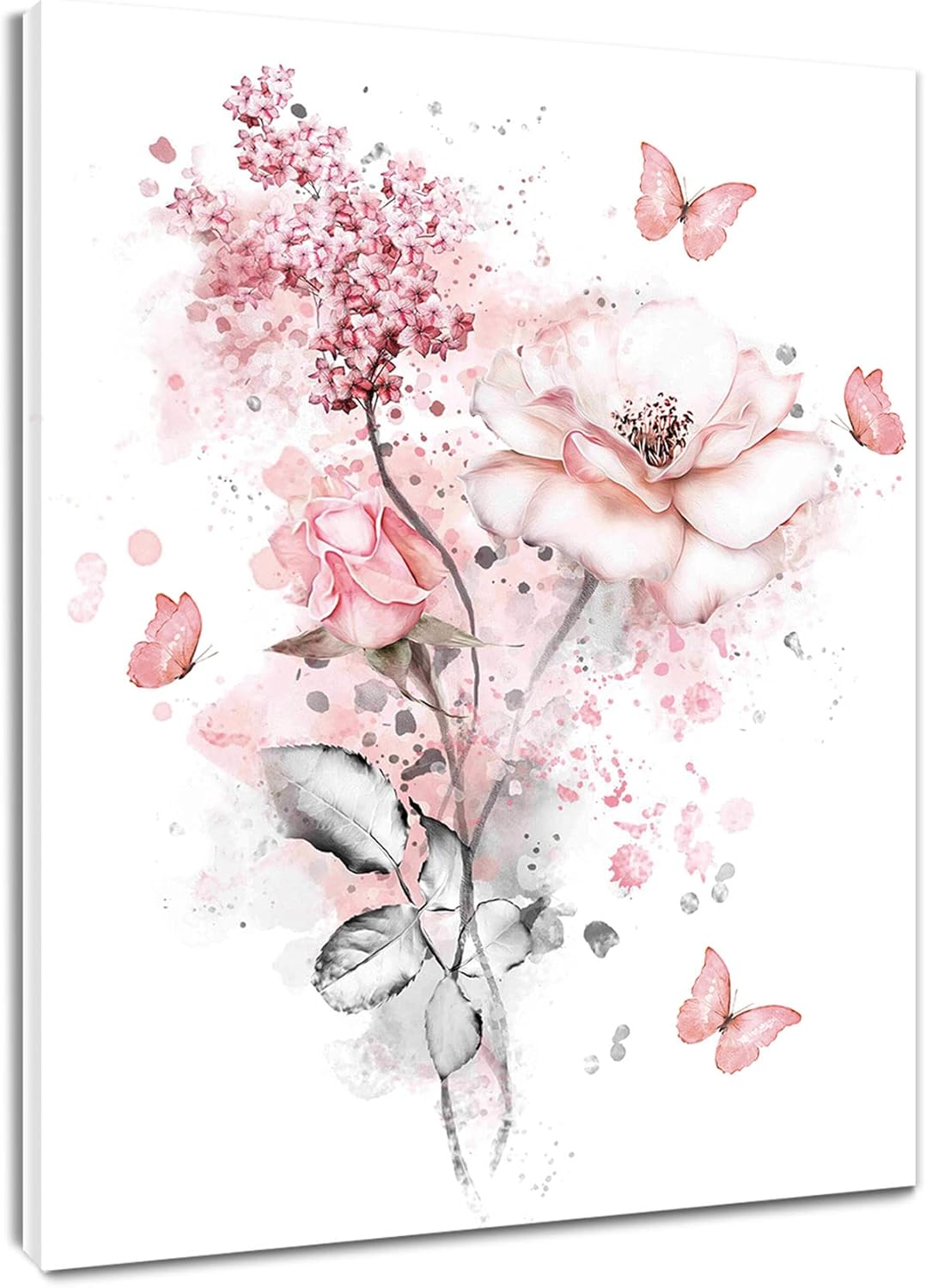 LB Pink Flower Wall Art Pink Butterfly Grey Leaf Canvas Wall Art for Bedroom Fantasy Floral Painting Wood Framed Prints Wall Decor for Living Room Bathroom,16x20 inches