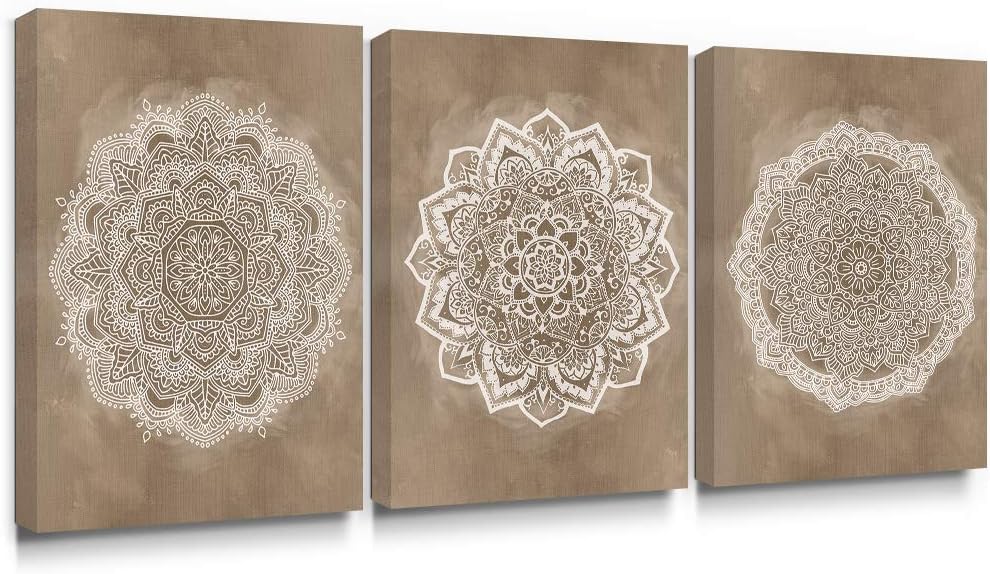 SUMGAR Mandala Wall Art Boho Coffee Pictures Brown Indian Bohemian Art Prints for Walls Floral Canvas Painting Flower Artwork for Bedroom Bathroom Living Room Yoga Room 30x40cm Set of 3