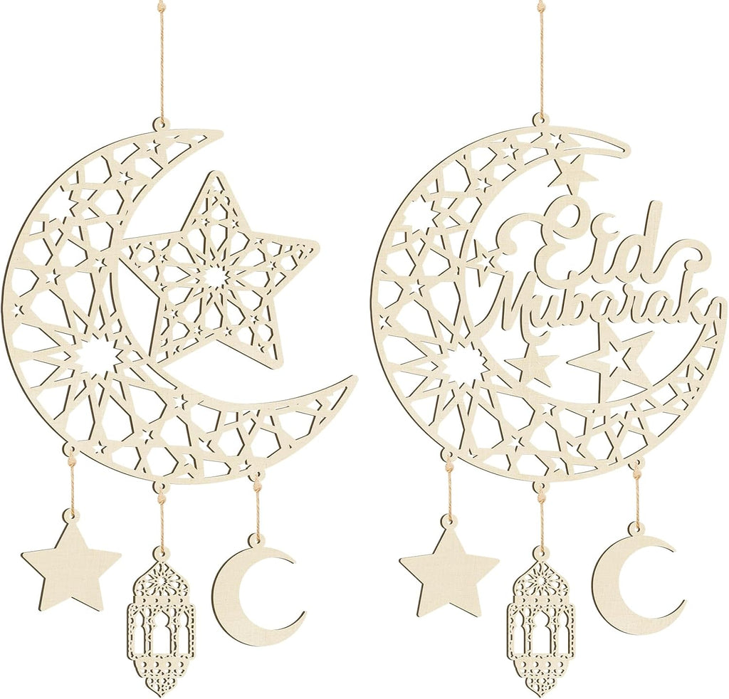 Hinsly 2 Pieces Eid Mubarak Door Sign Wooden Hanging Signs, Ramadan Kareem Hollow Ornament Decorations Moon and Stars, Moon Shape Ramadan Mubarak Party Wood Wall Hanger for Islamic Muslim Home Decor