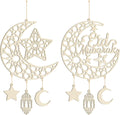 Hinsly 2 Pieces Eid Mubarak Door Sign Wooden Hanging Signs, Ramadan Kareem Hollow Ornament Decorations Moon and Stars, Moon Shape Ramadan Mubarak Party Wood Wall Hanger for Islamic Muslim Home Decor