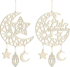 Hinsly 2 Pieces Eid Mubarak Door Sign Wooden Hanging Signs, Ramadan Kareem Hollow Ornament Decorations Moon and Stars, Moon Shape Ramadan Mubarak Party Wood Wall Hanger for Islamic Muslim Home Decor