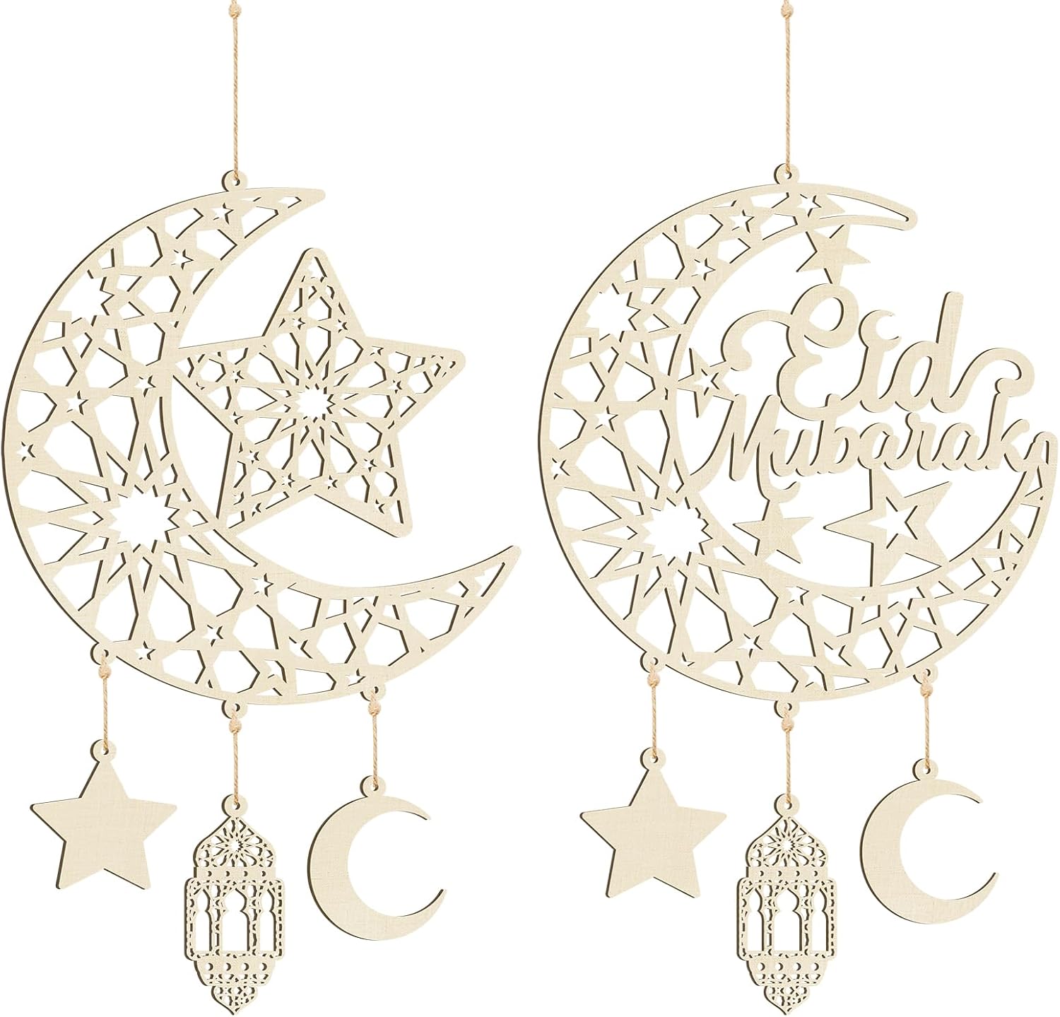 Hinsly 2 Pieces Eid Mubarak Door Sign Wooden Hanging Signs, Ramadan Kareem Hollow Ornament Decorations Moon and Stars, Moon Shape Ramadan Mubarak Party Wood Wall Hanger for Islamic Muslim Home Decor