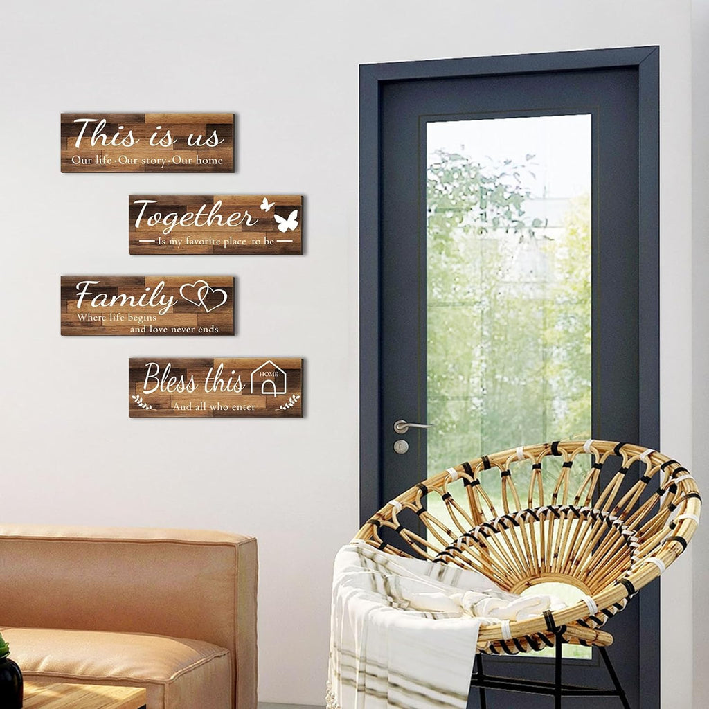 4 Pieces Home Wall Signs, THIS IS US/TOGETHER/BLESS THIS HOME/FAMILY Wall Decor For Living Room Bedroom, Rustic Wooden Farmhouse Wall Art, 4.7 x 13.8 Inch