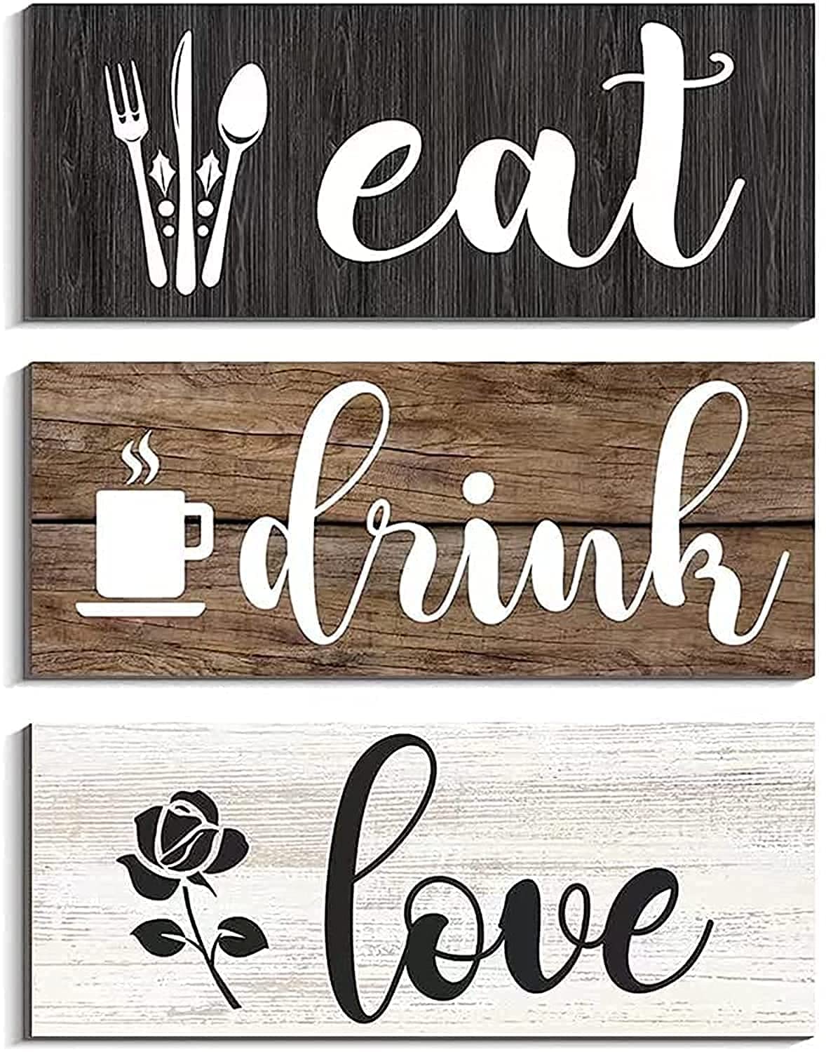 COLOR VALLEY ART ديكور حائط للمطبخ بعبارة Eat، 3 قطع لافتات خشبية بعبارة Eat Drink Love، ديكور حائط خشبي بتصميم ريفي للمطبخ وغرفة الطعام والبار والمقهى (بني، S)