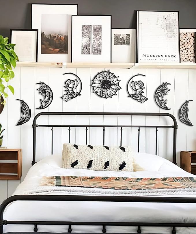 Wooden Art Wall Stickers with Floral and Moon Phase Design, 7-pack, each measuring 30 x 30