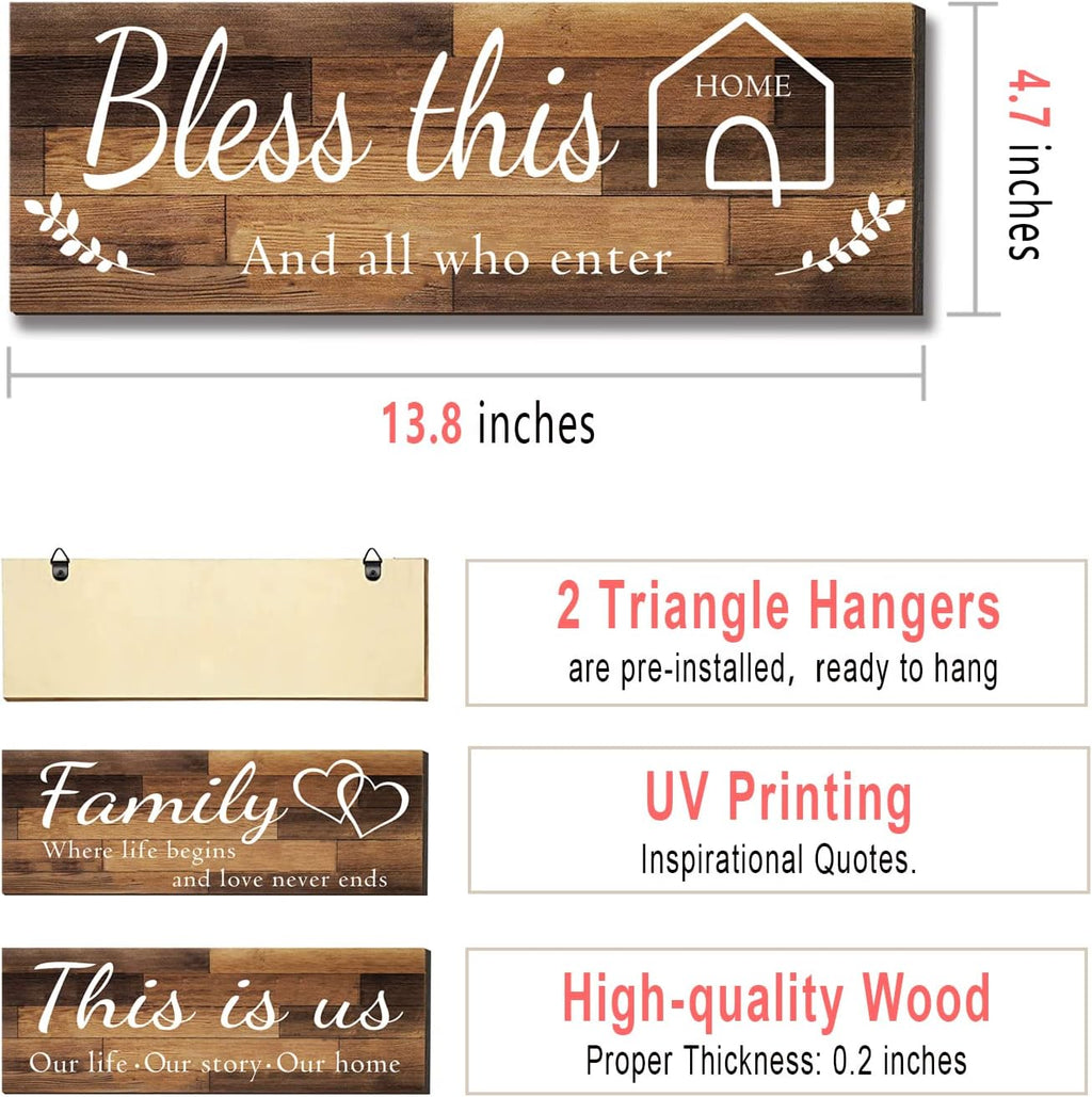 4 Pieces Home Wall Signs, THIS IS US/TOGETHER/BLESS THIS HOME/FAMILY Wall Decor For Living Room Bedroom, Rustic Wooden Farmhouse Wall Art, 4.7 x 13.8 Inch