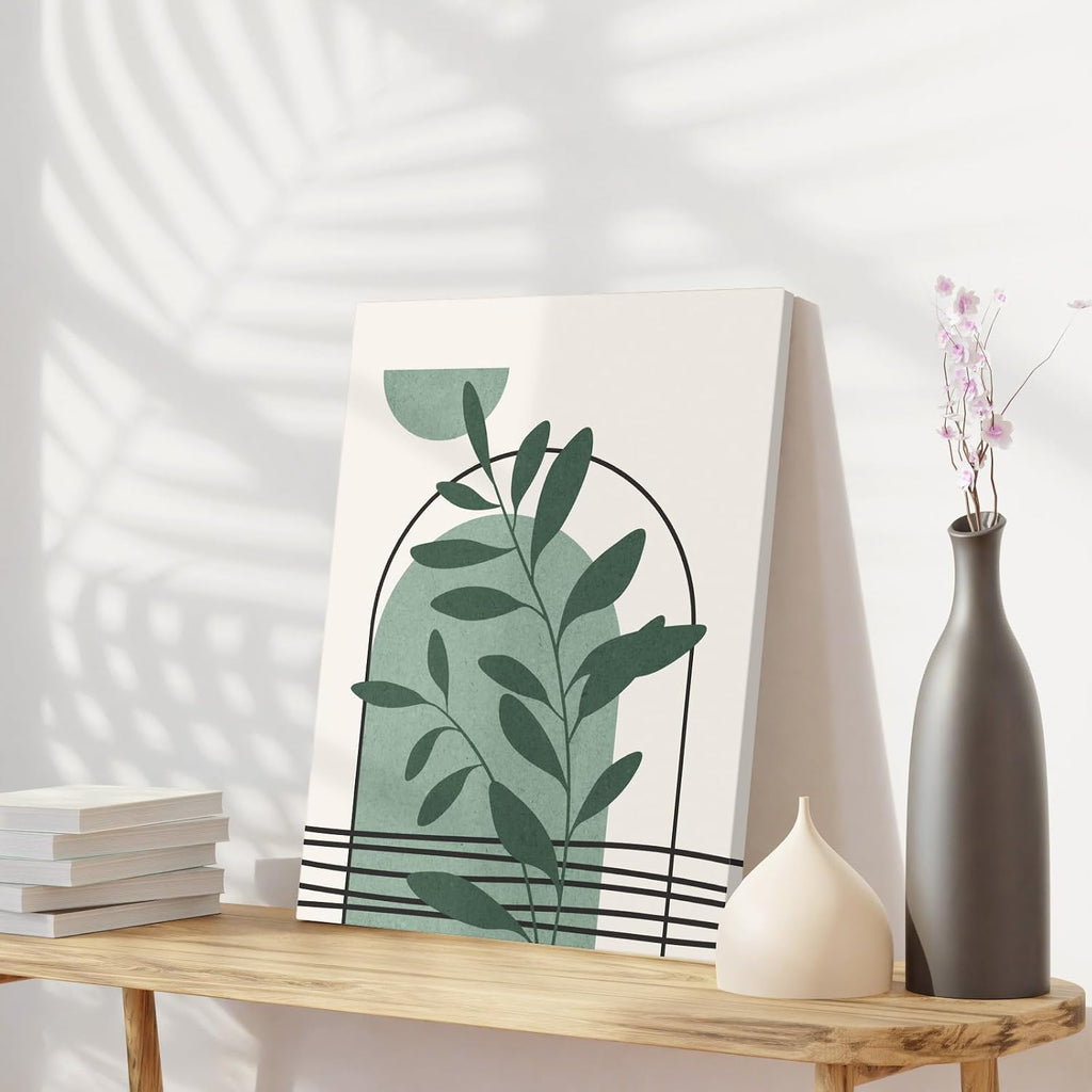 Boho Wall Art Set of 3 Mid Century Modern Wall Decor Abstract Geometric Prints Black Green Plant Sun Natural Framed Canvas Prints Artwork Ready To Hang for Living Room Bathroom Bedroom 12x16inch