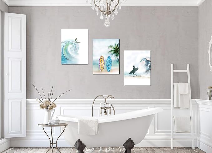 Enartly Surf Pictures Ocean Beach Wall Art Coastal Prints Seascape Canvas Vocation Modern Tropical Palm Tree Paintings Artwork Framed for Bathroom Living Room Bedroom Office Home Decor 12"x16"x3