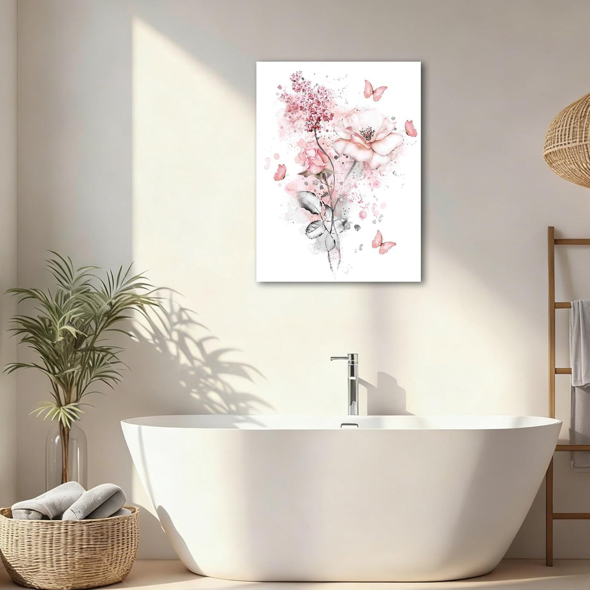 LB Pink Flower Wall Art Pink Butterfly Grey Leaf Canvas Wall Art for Bedroom Fantasy Floral Painting Wood Framed Prints Wall Decor for Living Room Bathroom,16x20 inches