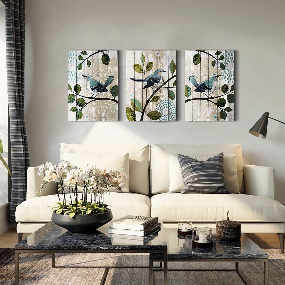 Flowers and birds 3 Pieces abstract Canvas Wall Art for living room Wall Decor for bedroom kitchen decorations Wood grain posters Canvas Prints artwork Modern framed bathroom Home decoration