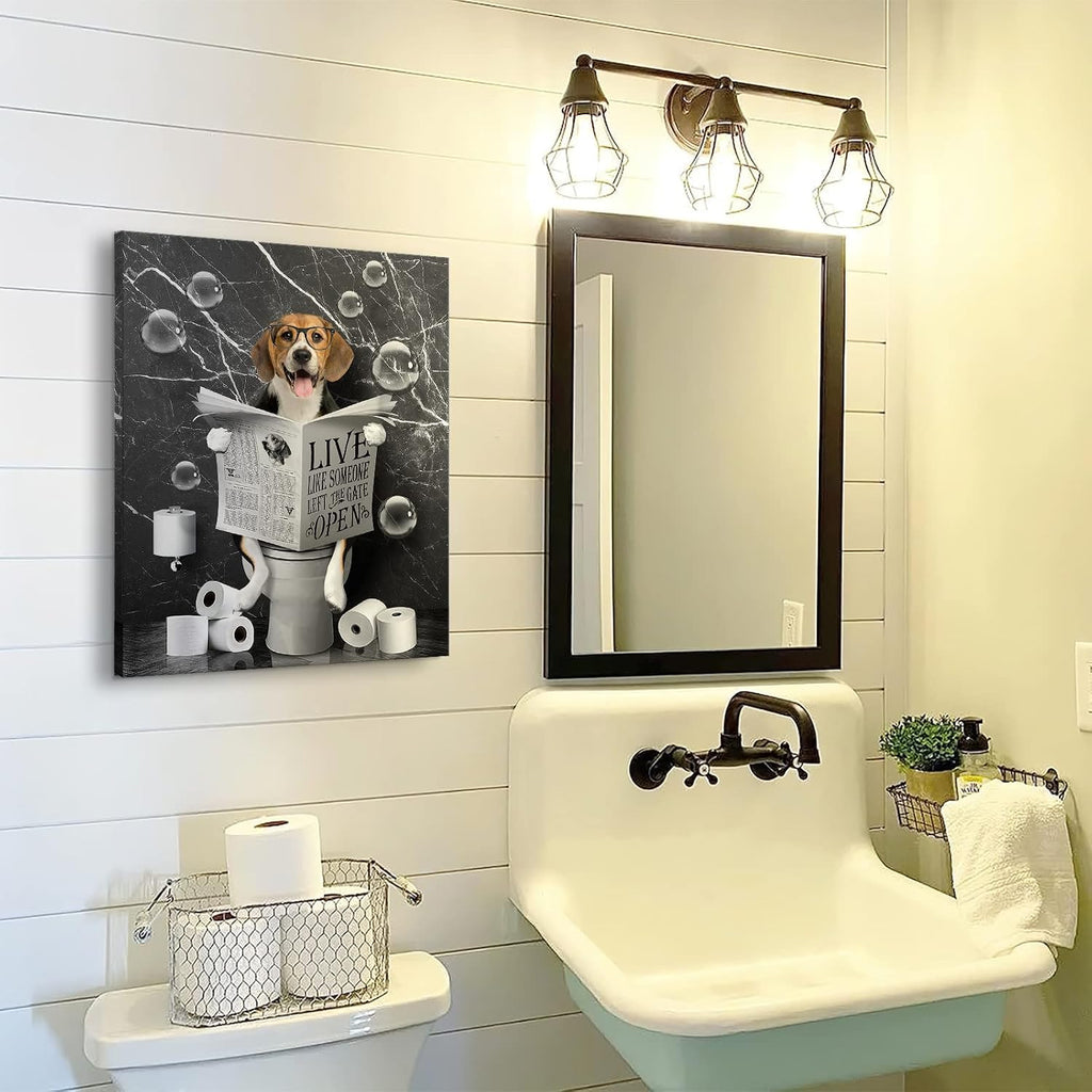 Kateflower Beagle Dog Sitting in Toilet Bathroom Decor Wall Art Funny Beagle Pictures Black and White Bathroom Wall Decor Farmhouse Dogs Painting for Toilet Bathroom Animals Artwork Framed 12"x16"