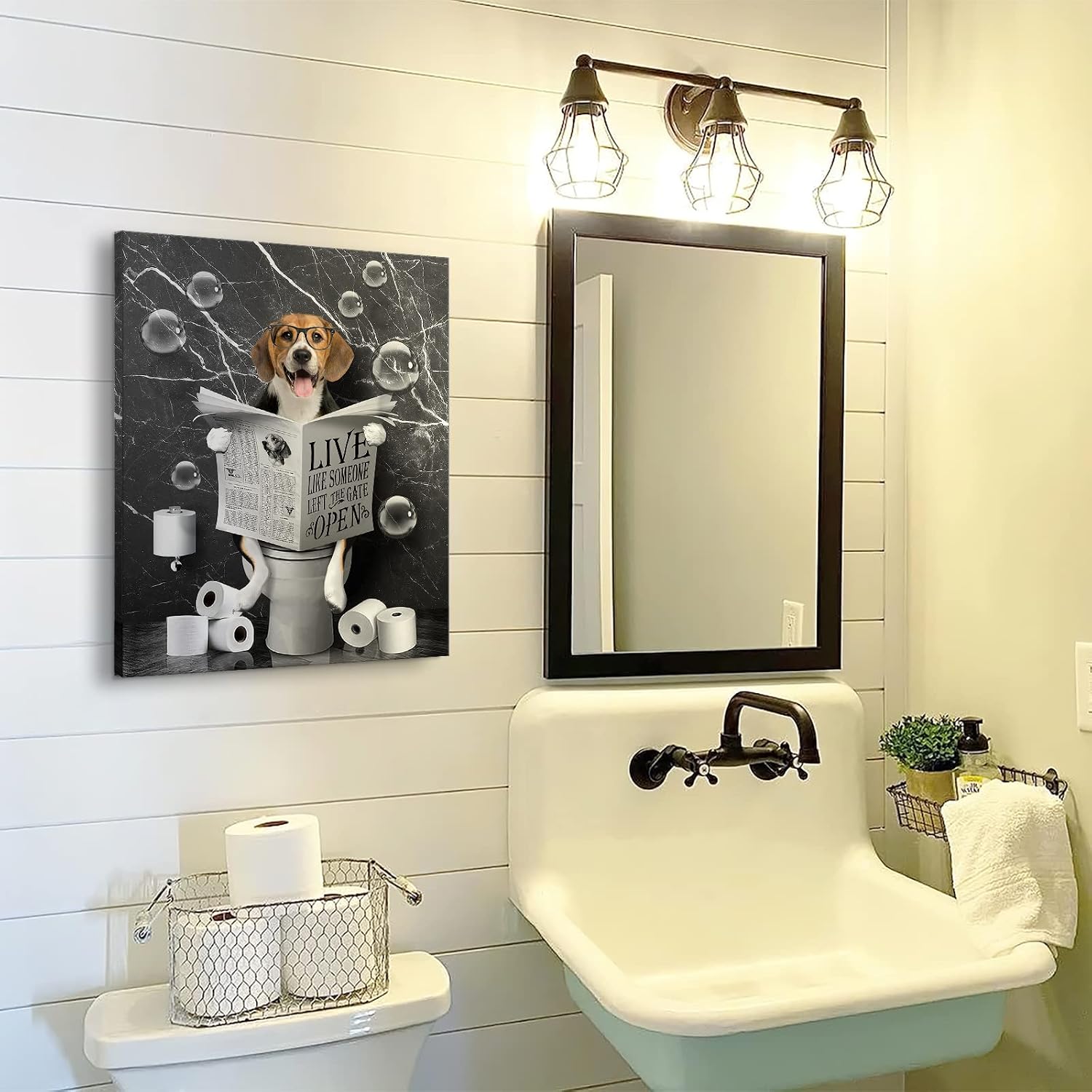 Kateflower Beagle Dog Sitting in Toilet Bathroom Decor Wall Art Funny Beagle Pictures Black and White Bathroom Wall Decor Farmhouse Dogs Painting for Toilet Bathroom Animals Artwork Framed 12"x16"