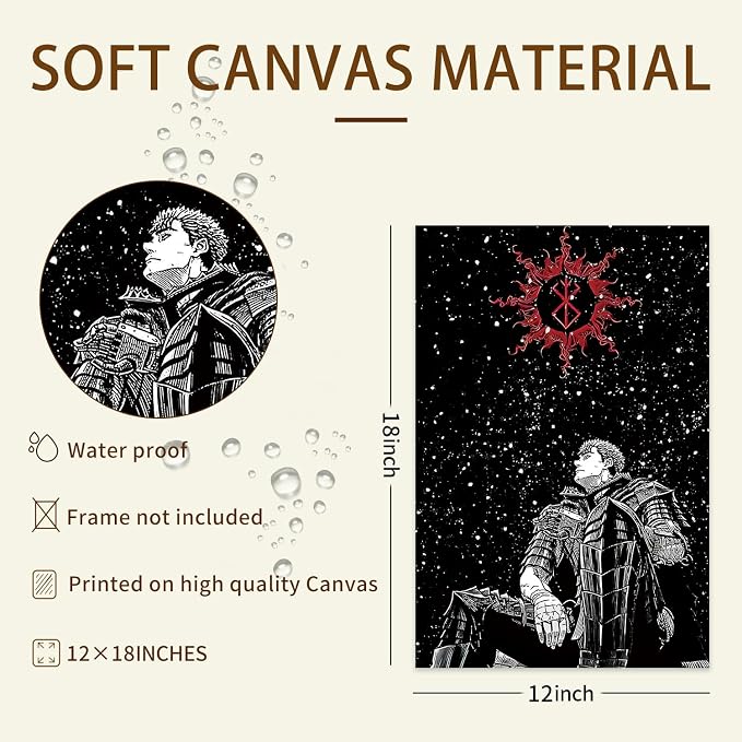 Thunwid Anime Berserk Poster Guts Starry Sky Cool Artwork Canvas Poster Wall Art Decor Print Picture for Living Room Decoration 12" x 18" Unframed