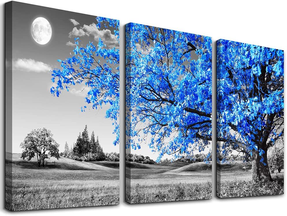 TTHWALLART لوحة فنية جدارية لغرفة المعيشة باللونين الأسود والأبيض، شجرة زرقاء، قمر، ديكور منزلي، لوحة فنية قماشية 12 بوصة × 16 بوصة، 3 قطع مطبوعة لغرفة النوم، صالون حديث، مطبخ، مكتب، لوحة للتعليق