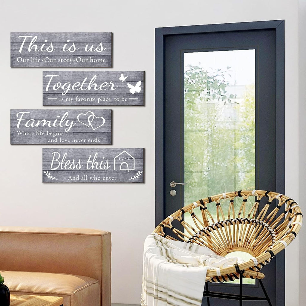 4 Pieces Home Wall Signs, THIS IS US/TOGETHER/BLESS THIS HOME/FAMILY Wall Decor For Living Room Bedroom, Rustic Wooden Farmhouse Wall Art, 4.7 x 13.8 Inch