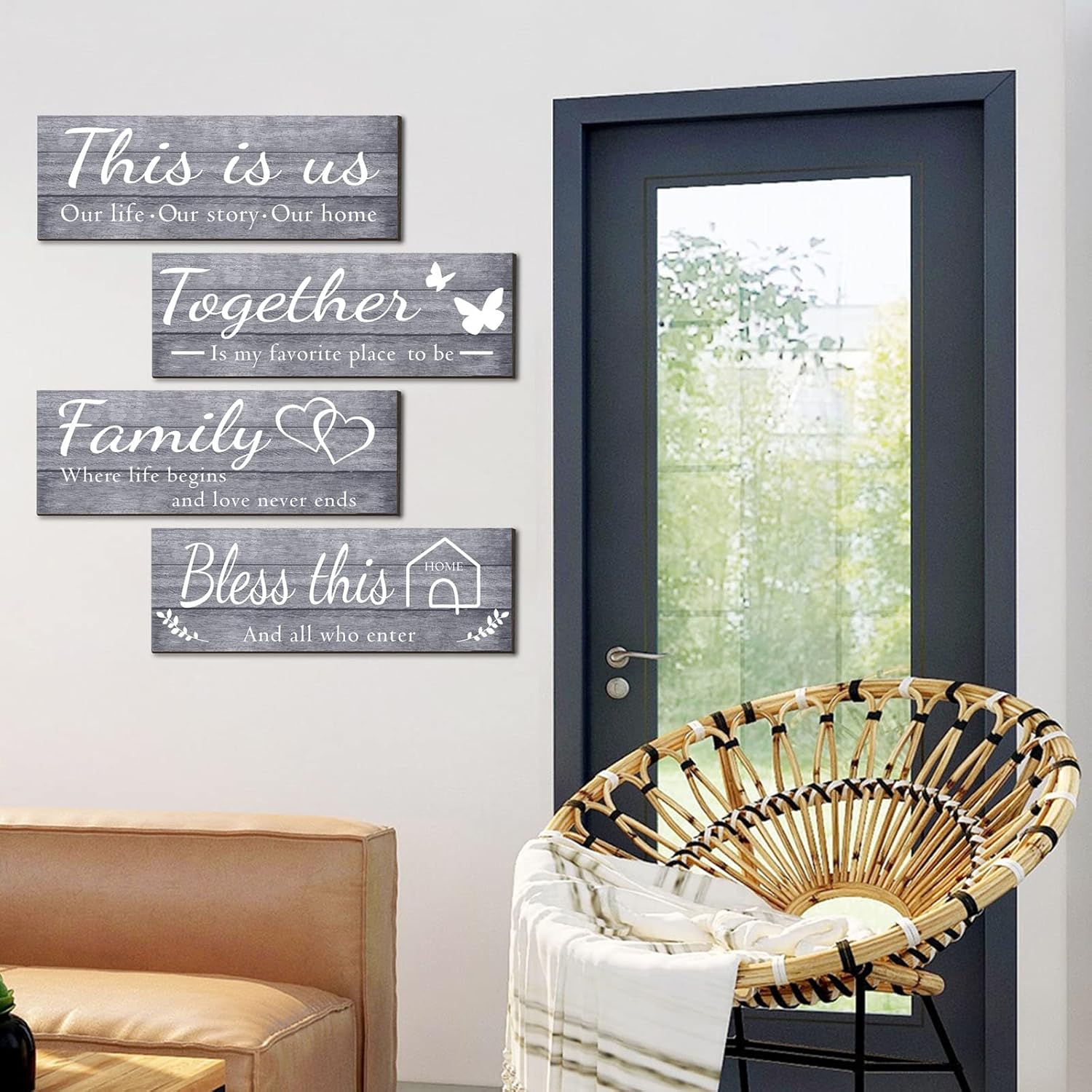 4 Pieces Home Wall Signs, THIS IS US/TOGETHER/BLESS THIS HOME/FAMILY Wall Decor For Living Room Bedroom, Rustic Wooden Farmhouse Wall Art, 4.7 x 13.8 Inch