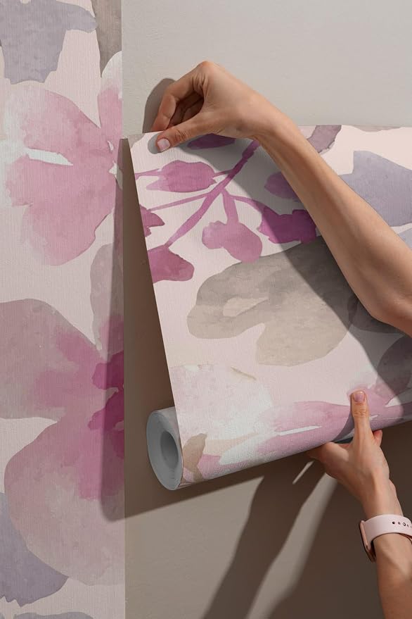 Grunge peony floral fabric wallpaper with vintage geometric patterns, covering an area - up to 4.2m x 3m, with adhesive and smoothing tool.