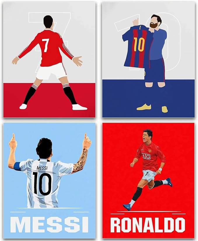 Soccer Star Wall Art Posters, Cristiano Ronaldo and Lionel Messi Posters, Motivational Football Superstar Canvas Wall Art Prints for Boys Room Gym Office Man Cave Decor, Set of 6-(8"x10" Unframed)