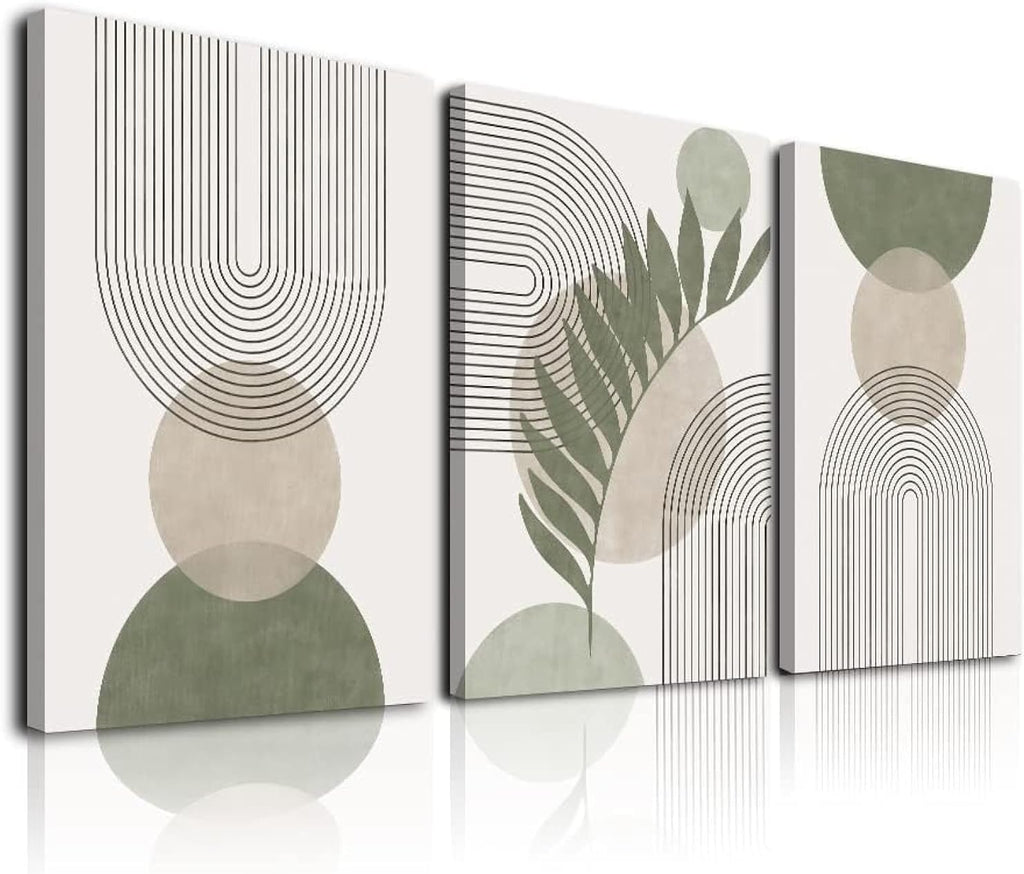مجموعة KBKBART Sage Green Boho Wall Art من 3 قطع، لوحة فنية جدارية بوهيمية خضراء مريمية، تجريدية هندسية بخطوط أوراق شجر وشمس وقمر باللون البيج من الكانفاس