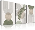 مجموعة KBKBART Sage Green Boho Wall Art من 3 قطع، لوحة فنية جدارية بوهيمية خضراء مريمية، تجريدية هندسية بخطوط أوراق شجر وشمس وقمر باللون البيج من الكانفاس
