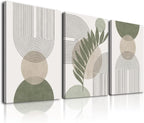 مجموعة KBKBART Sage Green Boho Wall Art من 3 قطع، لوحة فنية جدارية بوهيمية خضراء مريمية، تجريدية هندسية بخطوط أوراق شجر وشمس وقمر باللون البيج من الكانفاس
