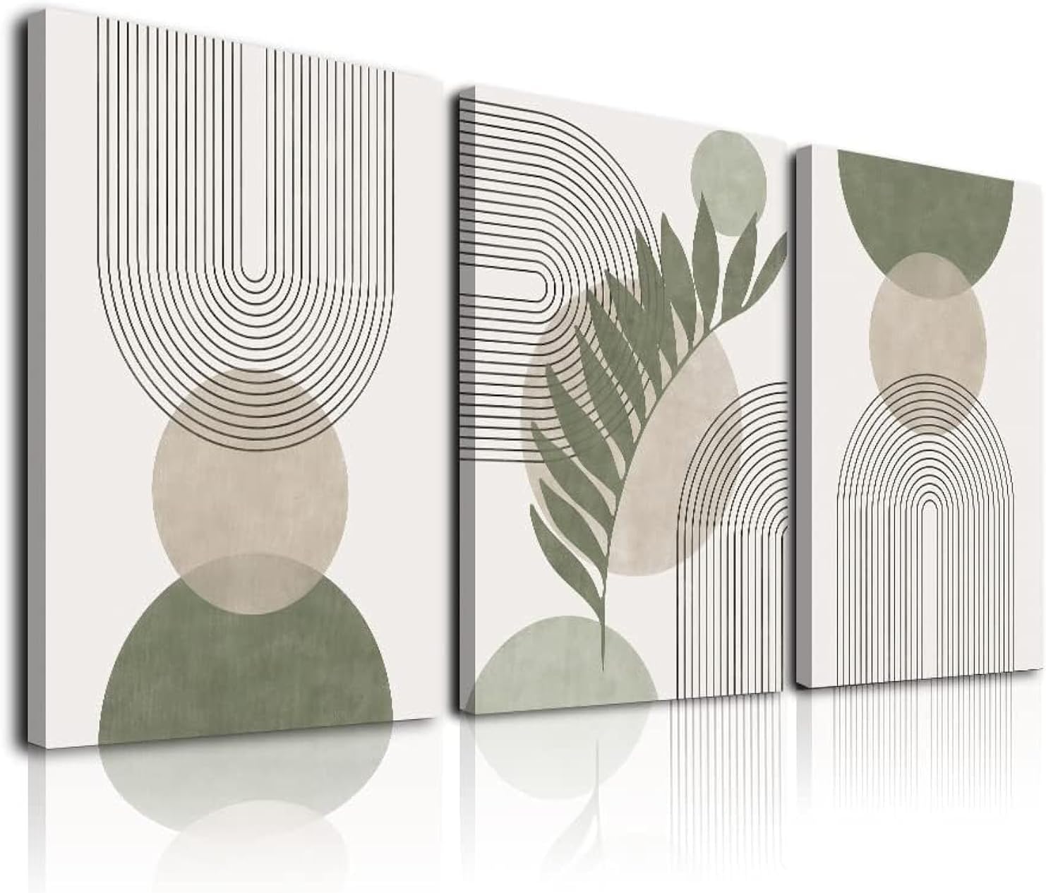 مجموعة KBKBART Sage Green Boho Wall Art من 3 قطع، لوحة فنية جدارية بوهيمية خضراء مريمية، تجريدية هندسية بخطوط أوراق شجر وشمس وقمر باللون البيج من الكانفاس