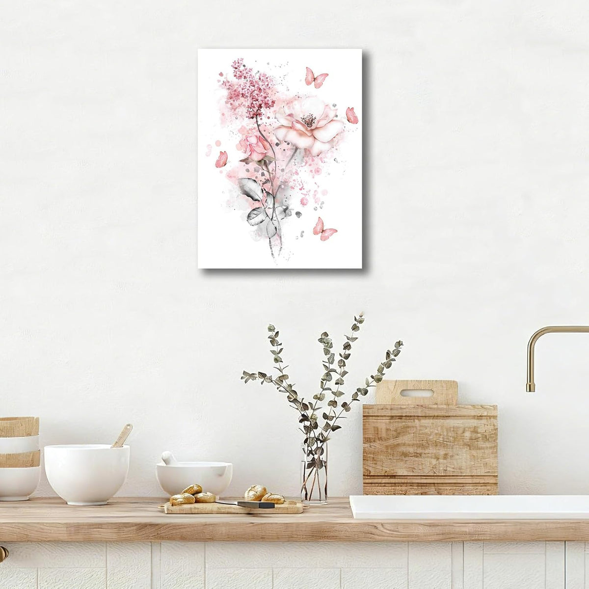 LB Pink Flower Wall Art Pink Butterfly Grey Leaf Canvas Wall Art for Bedroom Fantasy Floral Painting Wood Framed Prints Wall Decor for Living Room Bathroom,16x20 inches