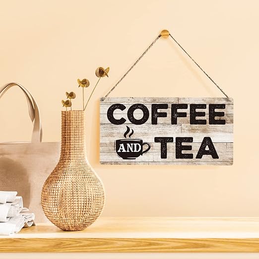 Funny Kitchen Signs Gift Farmhouse Coffee and Tea Wooden Hanging Sign Rustic Wall Art Home Coffee Bar Decoration 12 x 6 Inches