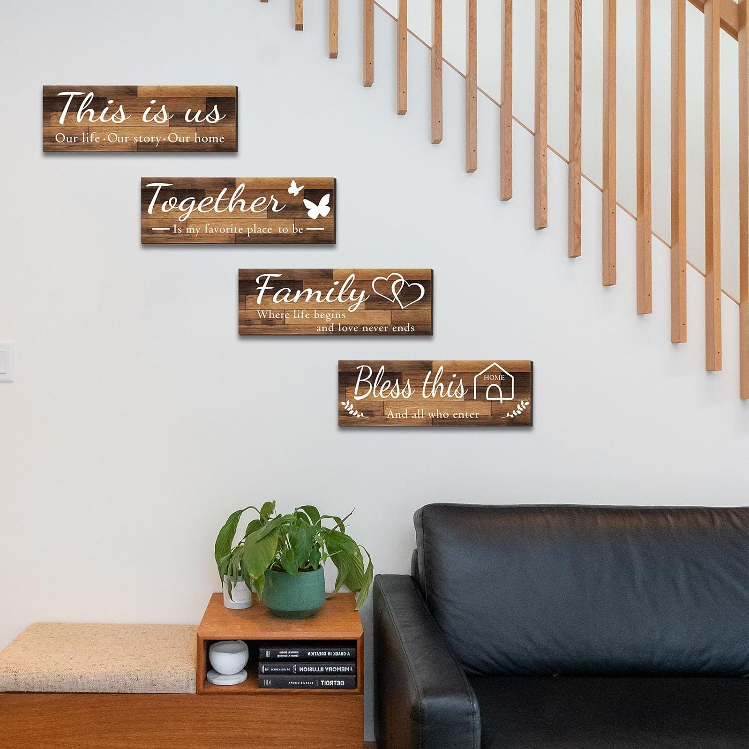 4 Pieces Home Wall Signs, THIS IS US/TOGETHER/BLESS THIS HOME/FAMILY Wall Decor For Living Room Bedroom, Rustic Wooden Farmhouse Wall Art, 4.7 x 13.8 Inch