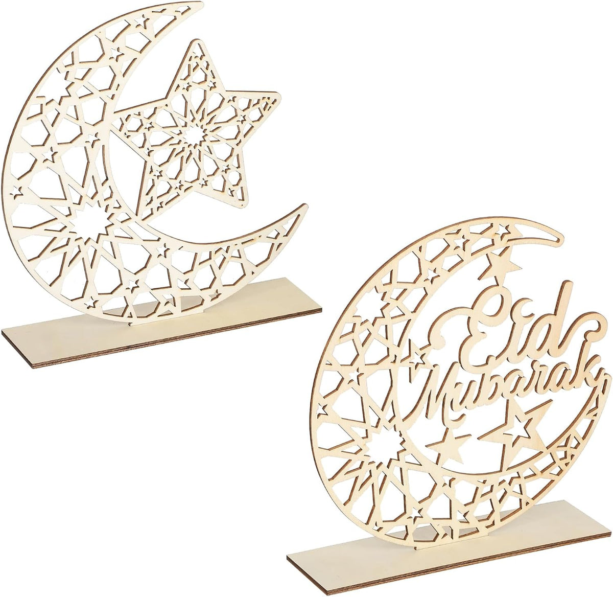 Hinsly 2 Pieces Wood Eid Mubarak Decorations Ramadan Kareem Table Sign Moon Hollow Star Ornament for Muslim Islamic Party Tabletop Decor Home Art Craft Decoration White Moon