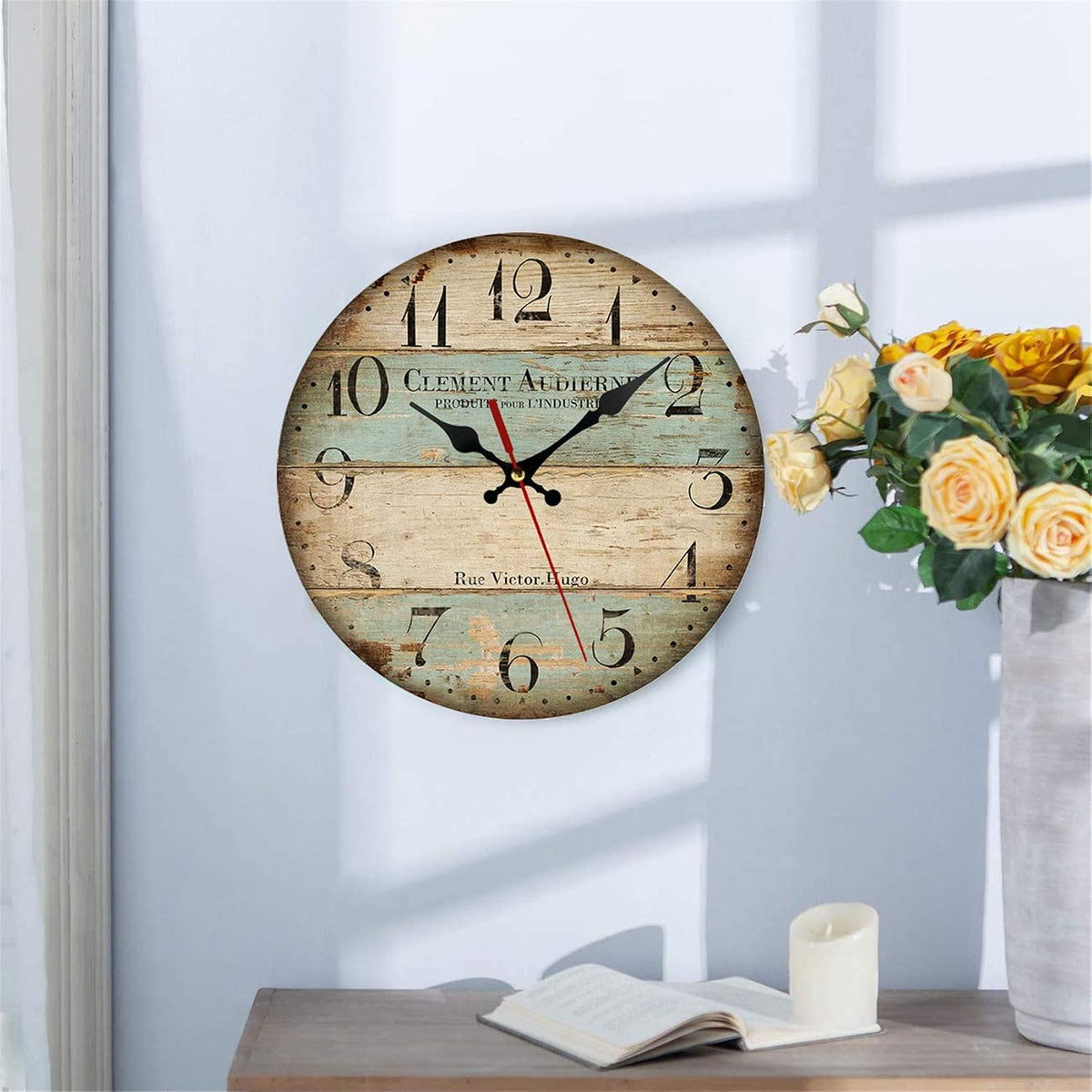 AMZBSR 12 Inch Retro Wall Clock,Vintage Paint Boards Wall Clock,Silent Non-Ticking Battery Operated Round Vintage Wood Wall Clock,Roman Numerals Wall Clock,Decorative Hanging Wall Clock