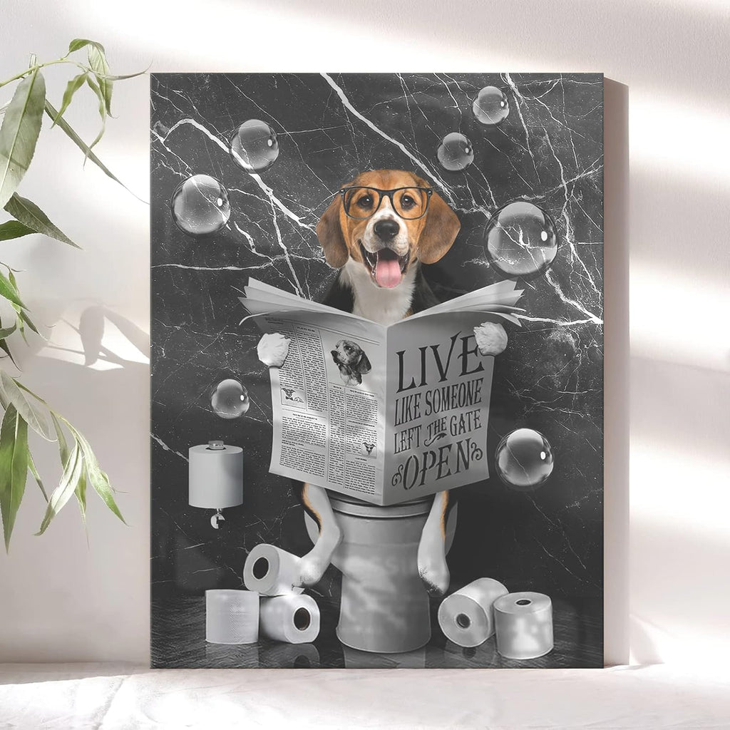 Kateflower Beagle Dog Sitting in Toilet Bathroom Decor Wall Art Funny Beagle Pictures Black and White Bathroom Wall Decor Farmhouse Dogs Painting for Toilet Bathroom Animals Artwork Framed 12"x16"