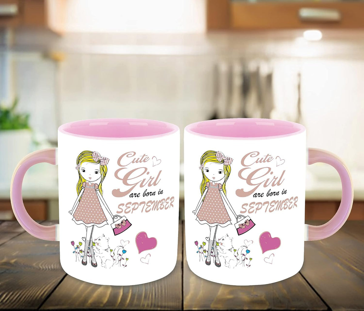 WHATS YOUR KICK® - Cute Girls are Born in September Printed Pink Inner Colour Ceramic Coffee Mug and Tea Mug with Coaster | Drink | Milk Cup - Best Gift | Cute Girls Happy Birthday (Design 11)