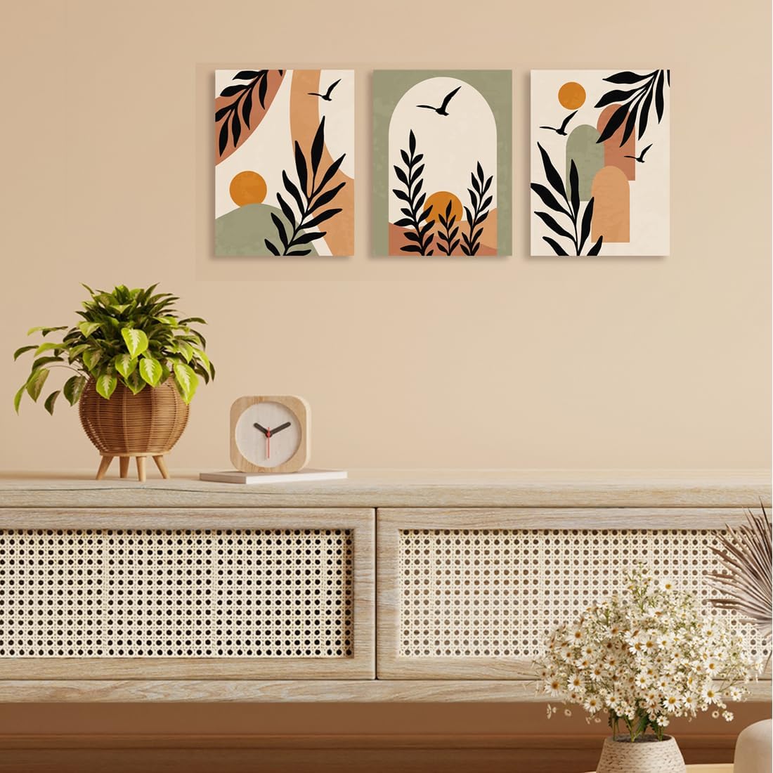 EUROPICART Living Room Wall Art Boho Style Abstract Painting Decoration, Bohemian Warm Canvas Prints Artwork for Modern Home Walls Décor, Set of 3 (12x16)