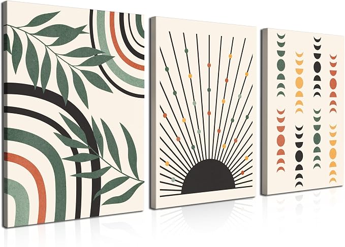 Boho Wall Art Set of 3, Mid Century Modern Wall Decor Abstract Geometric Prints Black Green Plant Sun Natural Framed Canvas Prints Artwork Ready To Hang for Living Room Bathroom Bedroom 16 * 24inch