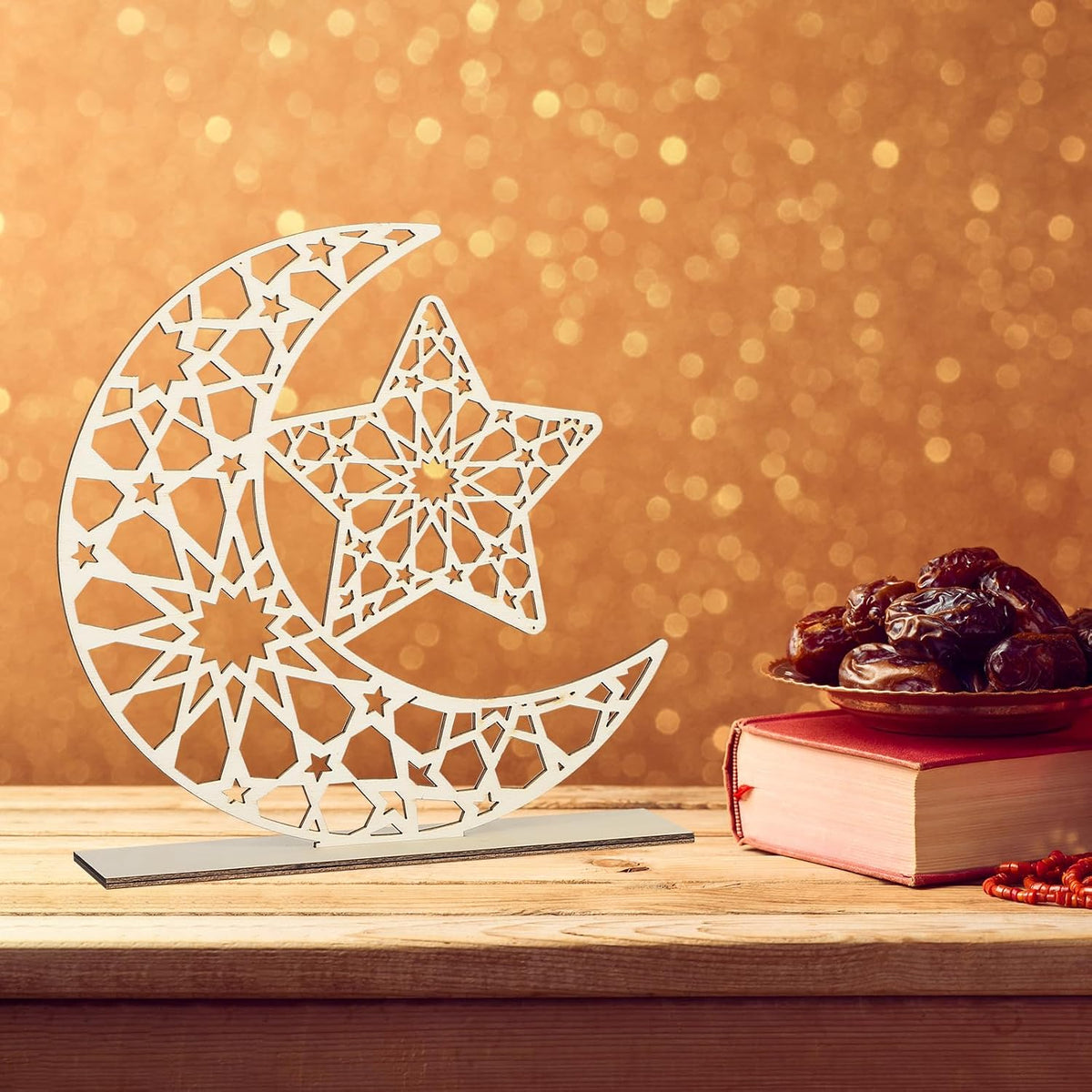 Hinsly 2 Pieces Wood Eid Mubarak Decorations Ramadan Kareem Table Sign Moon Hollow Star Ornament for Muslim Islamic Party Tabletop Decor Home Art Craft Decoration White Moon