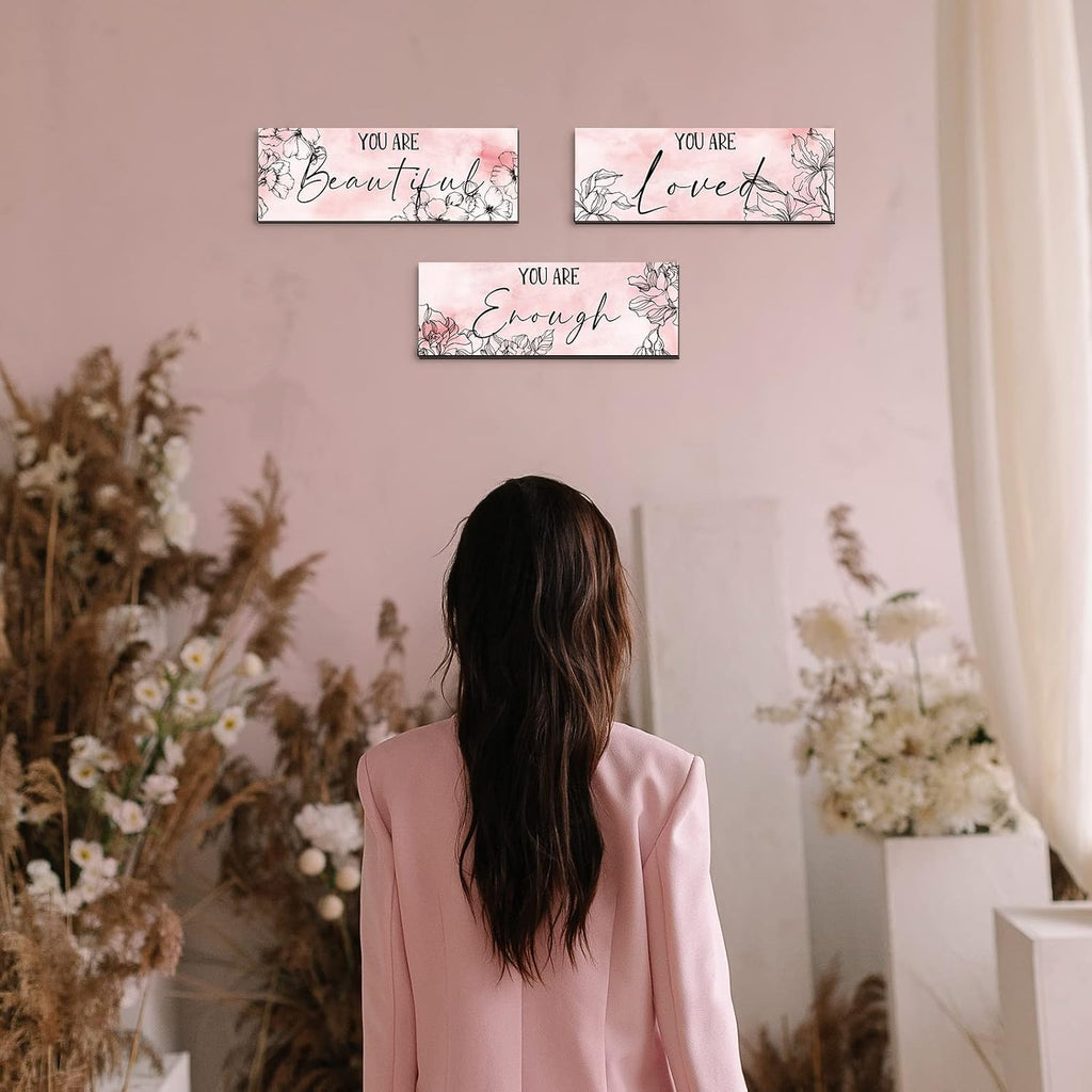 Yookeer 3 Pcs Floral Wooden Wall Hanging Wall Art Positive Quotes You Are Beautiful Inspirational Wall Decors for Valentine Kids Girls Teacher Women Assistant Secretaries (Pink, 4 x 11 Inch)