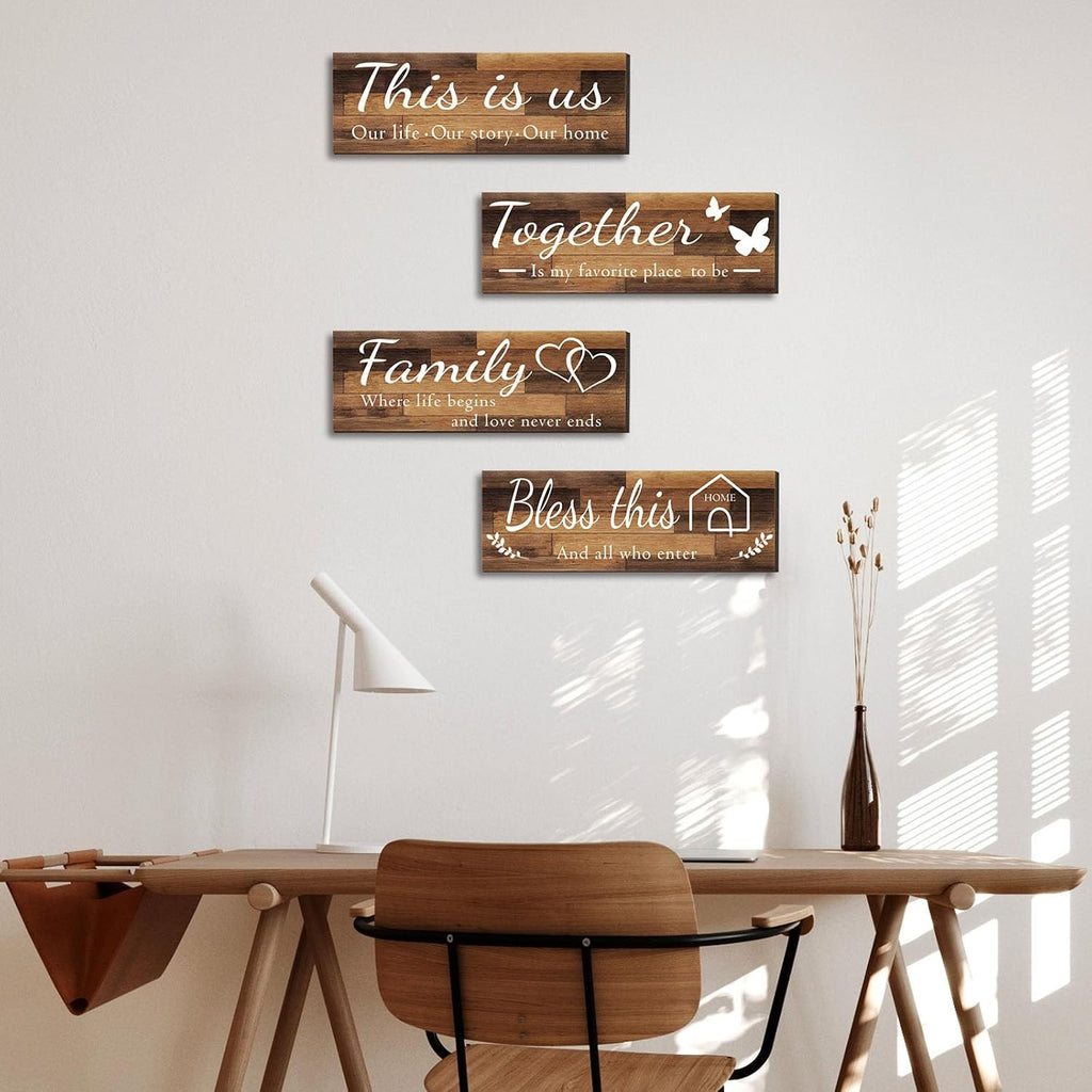 4 Pieces Home Wall Signs, THIS IS US/TOGETHER/BLESS THIS HOME/FAMILY Wall Decor For Living Room Bedroom, Rustic Wooden Farmhouse Wall Art, 4.7 x 13.8 Inch