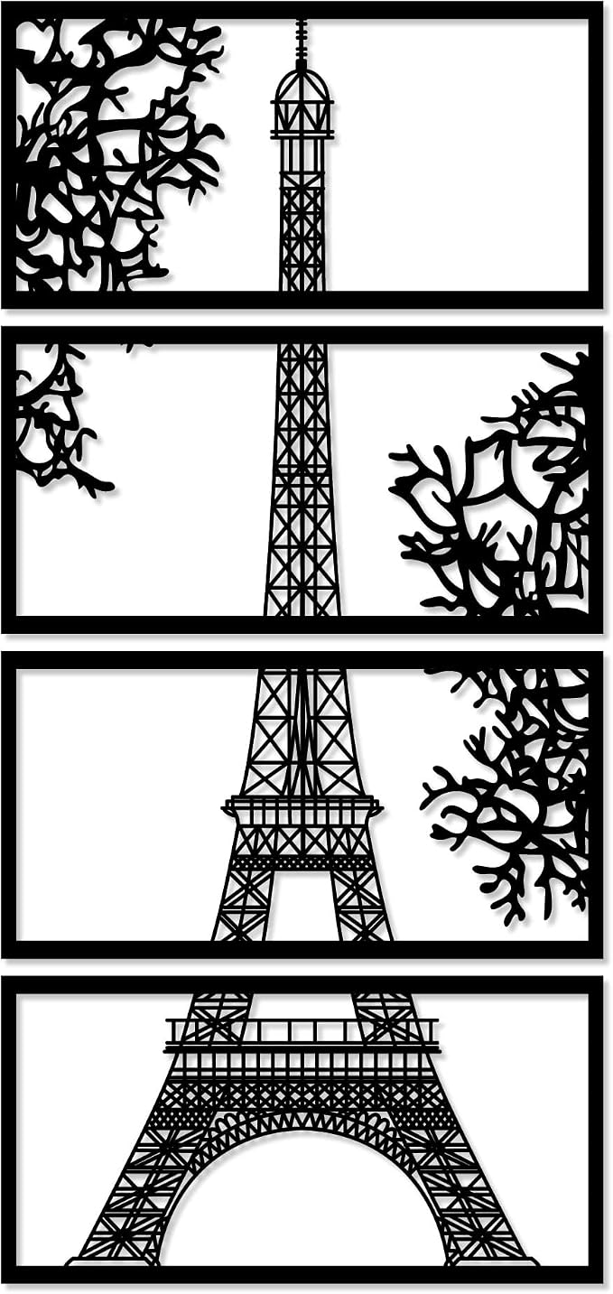 Decorative wooden wall art panel featuring the Eiffel Tower design, consisting of 4 panels - measuring 60 cm x 1.25 m